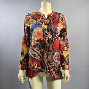 Chico's Smakl Black and Orange Graphic Long Sleeve Blouse R4